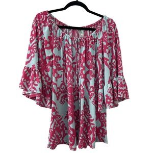S.L.I. Women Pink Aqua Damask Print Ruffle Sleeve Peasant Blouse Top Medium